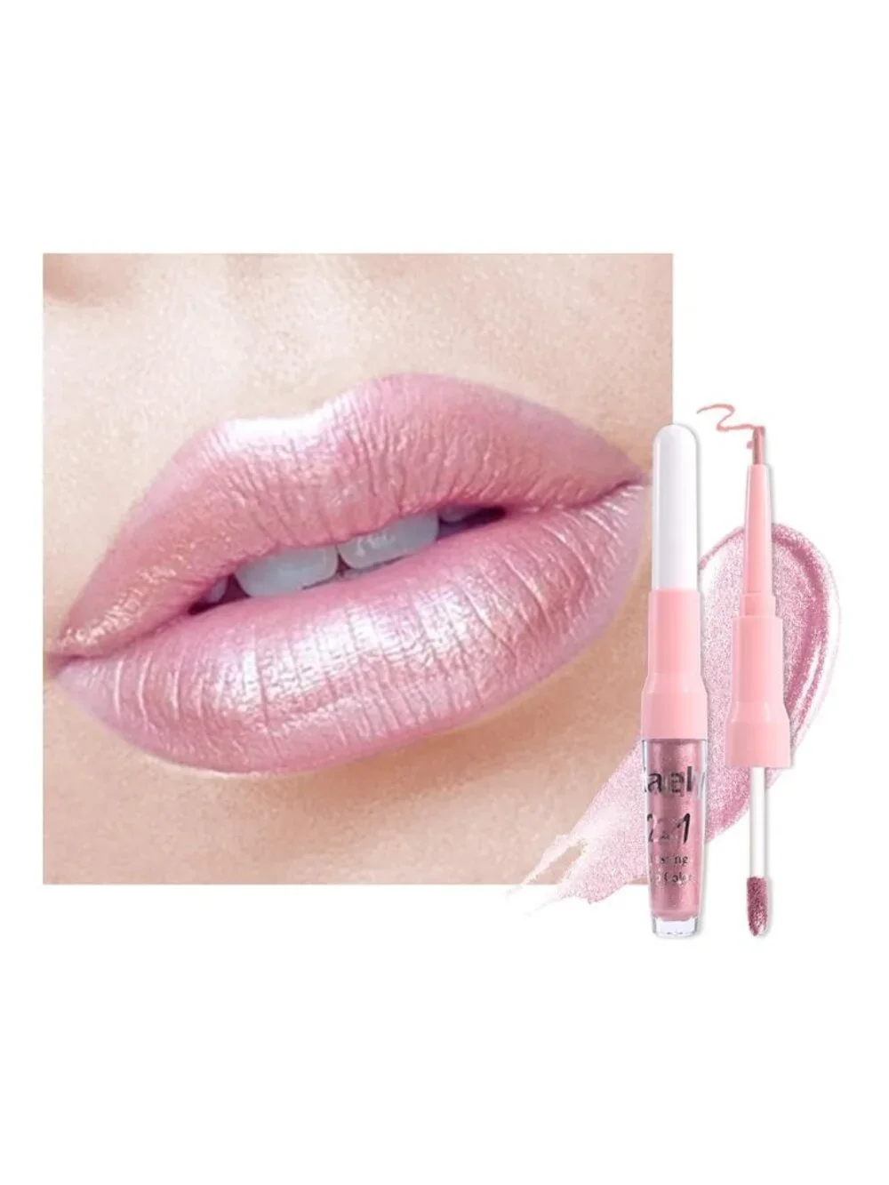 Women's 02# Light Pink-Metallic 2-in-1 Long Lasting Lipstick And Lip Liner
